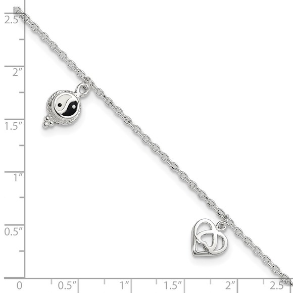 925 Sterling Silver Polished Hearts Charms and Peace Sign 8" + 1" Ext Anklet - Picture 3 of 7